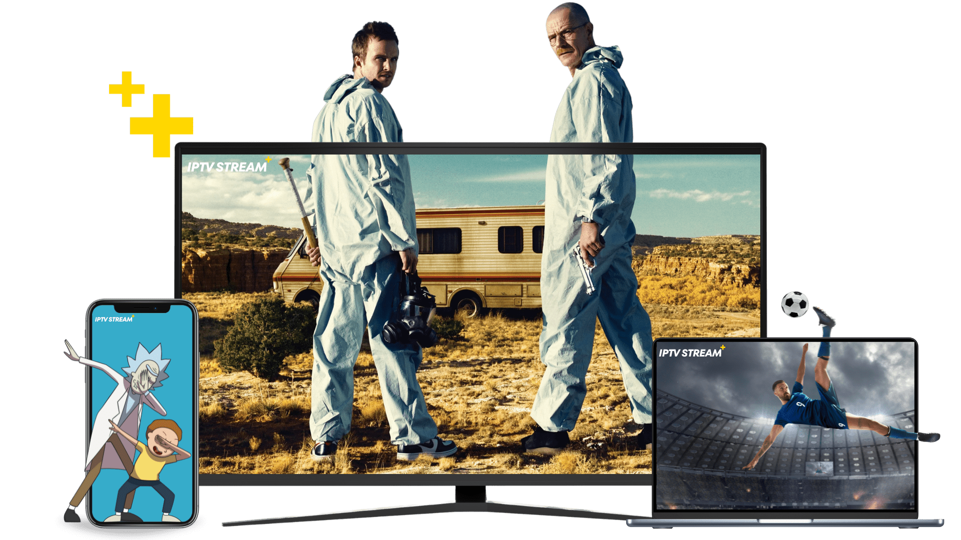 a tv, a smartphone and a laptop streaming iptv